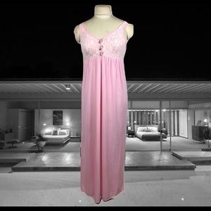 Vintage 60s Long Pink Nylon and Lace Nightgown